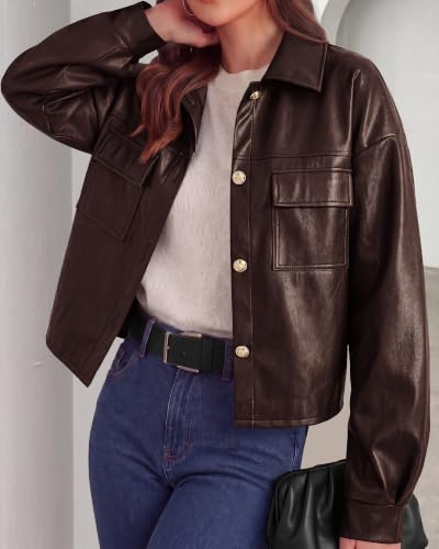 PRETTYGADEN Women's Button Down Faux Leather Jacket,Brown,Large — view 3