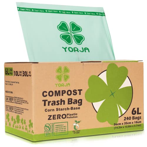 YORJA 1.6 Gallon Compost Trash Bags 240 Food Scrap Bags, Compostable Kitchen Waste Bags with US BPI ASTM D6400 & Europe EN13432 Certified