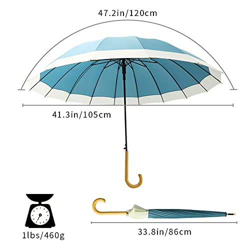 Dlin Stick Umbrella Women Windproof, 16K Ribs Stylish Automatic Open Large Umbrella With Hook Handle Umbrellas For Rain (Blue) #TOP2