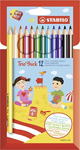 Image of STABILO Trio Thick Triangular Coloured Pencil - Case of 12 + Sharpener - Assorted Colours