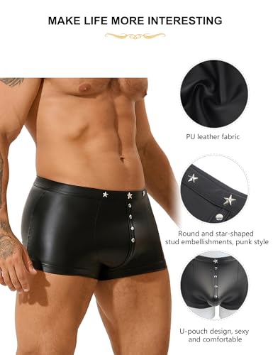 comeondear Men's Faux Leather Boxer Shorts with Punk Rivet Plus Size Briefs Black Sexy Underwear Panties4