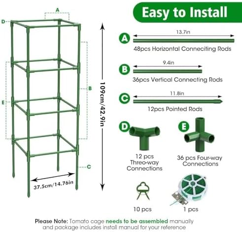 3 Pack Square Tomato Cage for Garden, 42 inch Metal Heavy Duty Tomatoes Cages Plant Support Stakes Trellis with Clips for Outdoor Climbing Plants Vegetables Flowers Fruits - 3