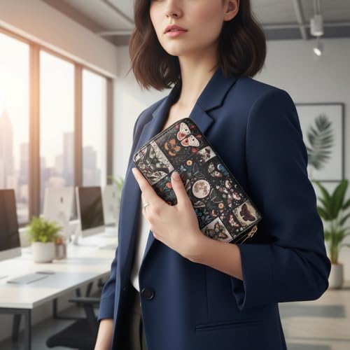Image of Butterfly Double Zip Wallet for Women - Large Capacity Floral & Moth Print Clutch with Smooth Zippers, Travel Card Holder Purse
