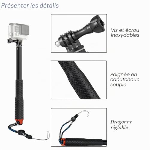 90CM Perche à Selfie Télescopique Etanche Aluminium pour Action Caméras – vue 2