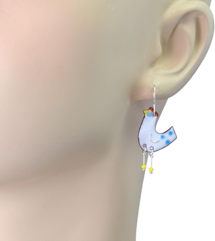 Whimsical White Hen Chicken Dangle Earrings, Glass Enamel and Sterling Silver, 1.25", Handmade in the USA