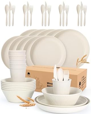 Plastic Dinner Set for 6 - OAMCEG 42 Pieces Kitchen Plates and Bowls Set, Plastic Wheat Straw Dinnerware Set, College Dorm Microwave Dishes, Unbreakable Plastic Outdoor Camping Dishes, Beige