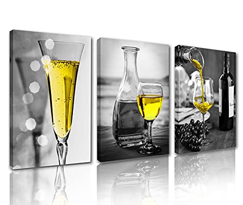 Tucocoo Kitchen Wall Art - Black & White Paintings, Grape & Wine Pictures, 3 Framed Canvas Art Ready to Hang (42x20 inches)