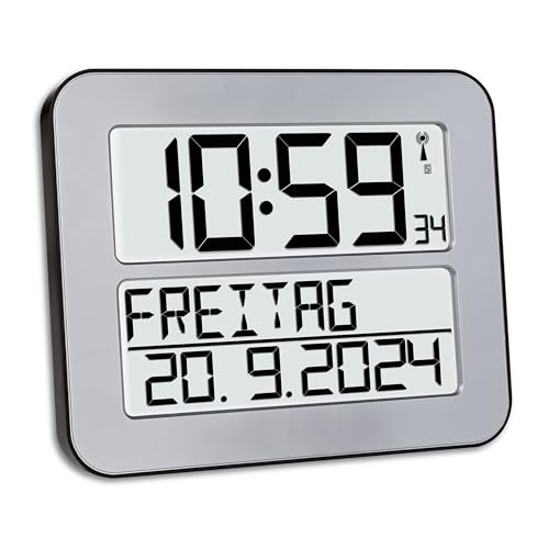 TFA Dostmann Timeline Max Funk-Wanduhr, 60.4512.54, digital, übersichtliche Funkuhr, Seniorenuhr, Demenzuhr, mit ausgeschriebenem Wochentag & Datum, mit Weckfunktion, 25,8 x 3 x 21,2 cm, Silber