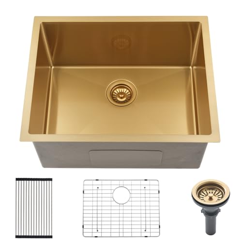 24 Inch Gold Laundry Sink Undermount - HLBLFY 24"x18"x12" Stainless Steel Laundry Room Sink Outdoor 16 Gauge Deep Single Bowl Kitchen Sinks with Roll Up Rack