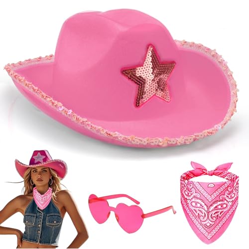 Pink Cowboy Hat for Women, 3 Piece Cowgirl Fancy Dress Set with Hat, Bandana and Sunglasses for Western Themed Parties, Halloween Costumes, Wedding Bachelorette Birthday Party Costume Accessory
