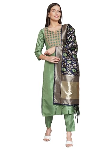 Image of VredeVogel Women's Cotton Silk Blend Kurta Pant Set with Banarasi Silk Dupatta