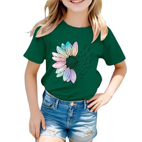 Girls Loose Fit Sunflower Graphic T Shirts Short Sleeve Crewneck Cute Pattern Printed Tops Kids (A-Green, 6-7 Years)3