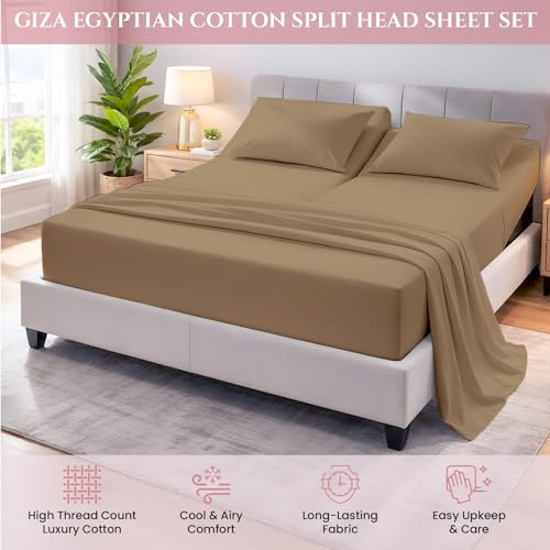 MyGiza Sheets 4 Pcs Top Split King Sheet Sets for Adjustable Bed, 100% Giza Cotton Perfect for Sleep Number Beds, King 34" Down Flex Head, Fits 16" Deep Mattress, Taupe Solid by MyGiza Sheets - Image 2