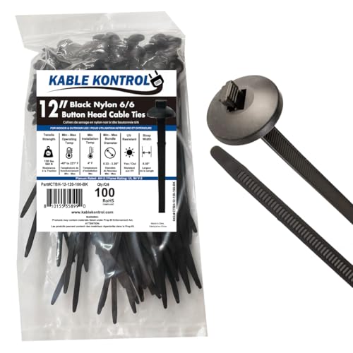 Kable Kontrol Buckle Cable Ties – 12 Inch 120 Lbs 100 Pcs UL Listed Nylon Pin & Button Zip Ties – UV Resistant Self-Locking T Rivet Bumper Clips for Automotive, Car Repair & Industrial Use - Black
