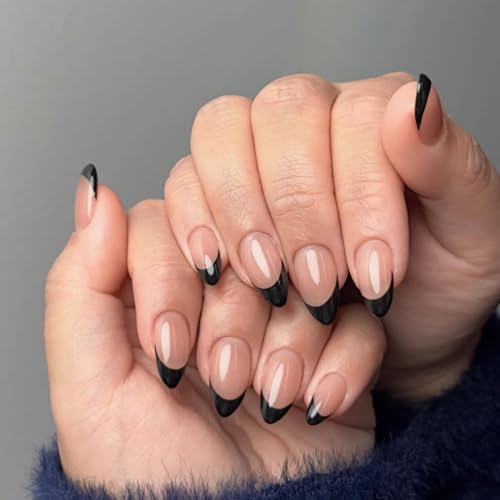 Image of SXVME 30 Pcs Acrylic Press on Nails Short Almond, Black French Tip False Nails Short Pointed Stiletto, Natural Nude Fake Nails Set Classic Soft Gel Stick on Nail for Women Fall Winter Wear