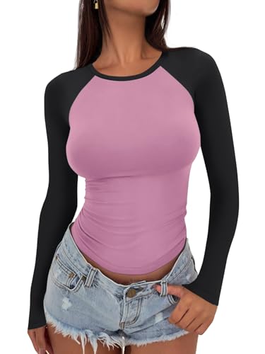 ATHMILE Womens Long Sleeve Shirts Slim Fitted Basic Tee Color Block Tops Cute Y2k Teen Girl Clothes Tshirts