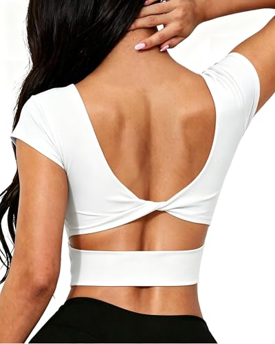 DaiLiWei Open Back Workout Tops for Women Short Sleeve Longline Sports Bras Support Crop Tank Yoga Shirts with Built in Bra White