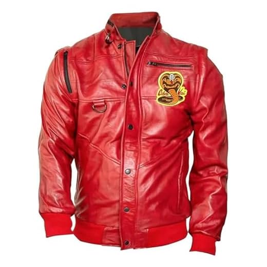 MERCH ATTIRE Disfraz de Cobra Kai de Johnny Lawrence Bomber para hombre, chaqueta real/sintética, Chaqueta bomber roja de piel sintética, XXS