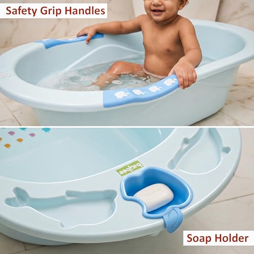 Image of Baybee Dolphin Baby Bath Tub for 0 to 5 Years | Ergonomic Bath Tub for Kids with Non-Slip Base, Quick & Easy Drain | Premium Baby Bather with Soap Holder Bathing Tubs for Boys Girls (Blue)