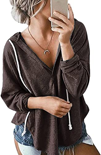 Image of Womens Long Sleeve V Neck Hoodie Sweatshirts Lightweight Pullover Tops