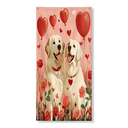 Cubierta para puerta exterior de perro de los Grandes Pirineos para el día de San Valentín, 36 x 72 pulgadas, divertida casa de cachorros, pancarta de puerta delantera, decoración de salida de entrada