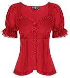 Damen Renaissance T-Shirt Kurzarm mit Rüschen Vintage Oberteile mit Rüschenkragen Bluse Damen L Rot#168S22