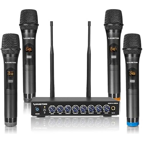 Sound Town 200 Channels Wireless Microphone Karaoke Mixer System, with 4 Metal Handheld Microphones, Optical (Toslink), AUX, for Smart TV, Home Theater, Sound Bar (SWM16-4MEGA)