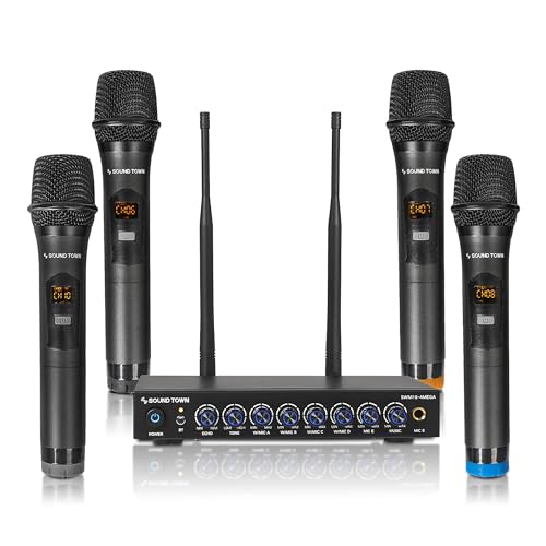 Sound Town 200 Channels Wireless Microphone Karaoke Mixer System, with 4 Metal Handheld Microphones, Optical (Toslink), AUX, for Smart TV, Home Theater, Sound Bar (SWM16-4MEGA) by Sound Town - Used condition - US$123.49