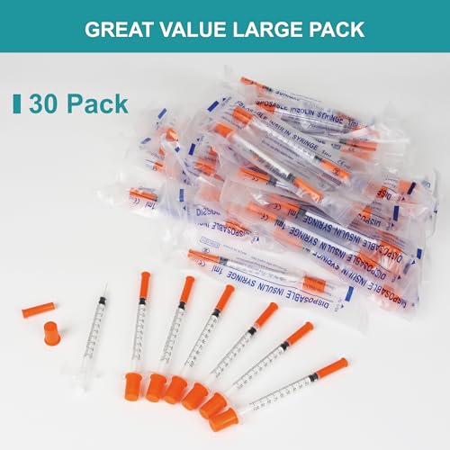 U-100 syringes with needle - 1ml 31G ( 31 gauge ) 5/16 inch syringe with needles scale in 100 units , 1 ml / 1cc Pack of 30