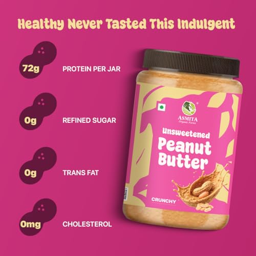 Image of Asmita Organic Farms Crunchy Peanut Butter Unsweetened 900g | Made with Roasted Peanuts | No Added Sugars or Salt | High Protein Spread | Cholesterol & Trans Fat Free | Healthy Breakfast Spread