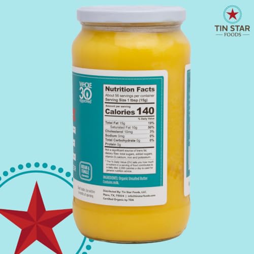 Tin Star Foods Grassfed Organic Ghee –365 Pasture Grazed, Hand Crafted Clarified Butter – Keto, Whole 30 and 21 Day Detox Approved, Lactose Free, Casein Free, – 32 fl oz - Thumbnail 2