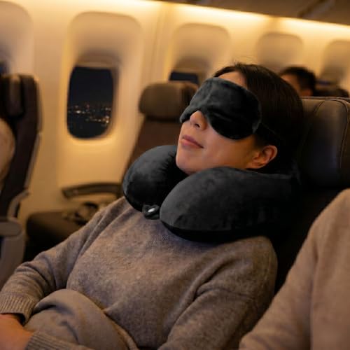 Image of Premium Fiber Filled Neck Pillow, Aeroplane Travel Pillow Neck Adjustable 360 Degree Support Headrest Neck Support Comfortable Pillow with Eye Mask (Black)