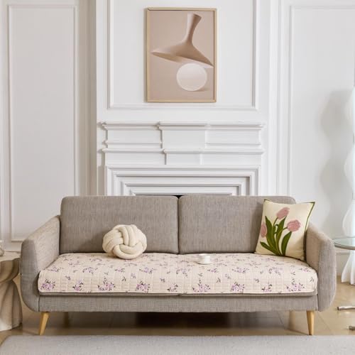 Image of HOMETHREADS Anti-Skid Sofa Protector Mat: Premium Printed Cotton Slipcover with Strong PVC Non-Slip Backing, (Beige Purple, 2 Seater | 140x75cm)
