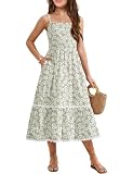 Arshiner Girls Summer Spaghetti Strap Dresses Flowy Tiered Cami Maxi Sundress with Pockets Floral Green Tween 9-10 Years