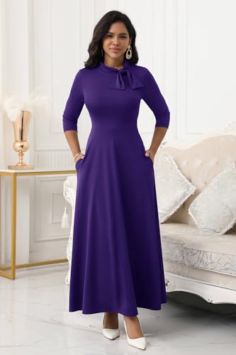 Image of FANDEE Maxi Dress for Women Long Elegant 3 /4 Sleeve Bow Tie Neck A Line Casual Party Church Dresses with Pockets