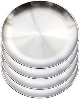 XIACIBDUS 4PCS Stainless Steel Dinner Plates, Round Serving Platter for Camping Barbecue and Baking, Non Toxic Healthy Serving Dishes and Dishwasher Safe (20cm)