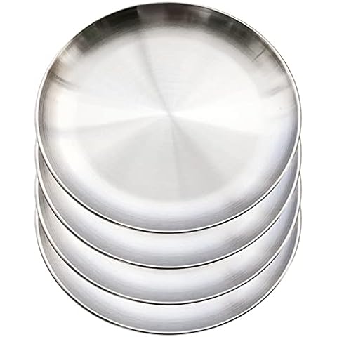 XIACIBDUS 4PCS Stainless Steel Dinner Plates, Round Serving Platter for Camping Barbecue and Baking, Non Toxic Healthy Serving Dishes and Dishwasher Safe (20cm) Cover
