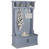 Yokstore Hall Tree with Storage Bench, Entryway Wooden Bench with Coat Rack, 71' Hall tree with Shoe Storage Cabinet and 4 Double Hooks, Wooden Seat, Entryway Space Organizer, Blue