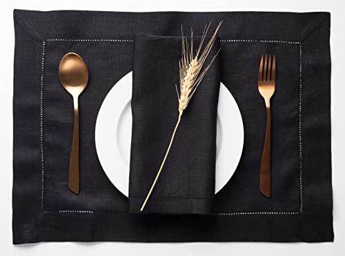 D'moksha Black Placemats 14 X 19 Inch Set Of 4, 100% Pure Linen Cloth Placemats, Hemstitch Table Placemats, Halloween Placemats, Perfect For Wedding, Party, Thanksgiving, Easy Care Machine Washable #TOP3