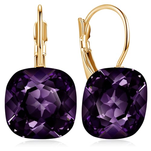 JIMARIN Sparkly Crystal Square Leverback Earrings Rhinestone Geometry Dangle Drop Earrings For Women Brides Bridesmaids Weddings (Dark Purple)