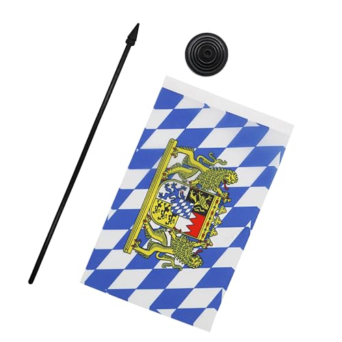 AZ FLAG - Tischflagge Bayern mit Löwe, 21 x 14 cm – kleine Bayerische Büroflagge, 100% Polyester, mit Fahnenstange von 25 cm und Sockel aus schwarzem Kunststoff