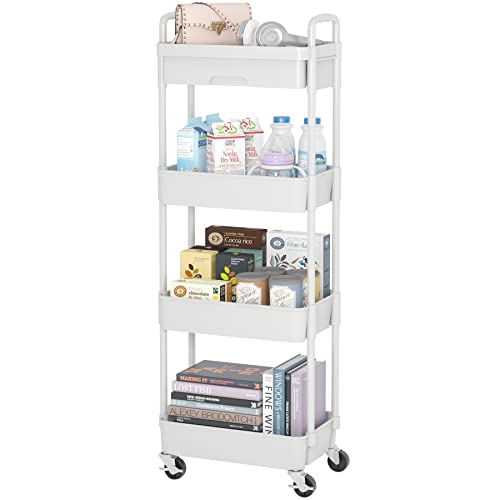 UDEAR 4層 プラスチック ローリング キッチンラック 引き出し付き モバイル ユーティリティ カート ハンドル付き 貯蔵 トロリー リビング ルーム バスルーム オフィス キッチン用 41*30*104 cm ホワイト-4