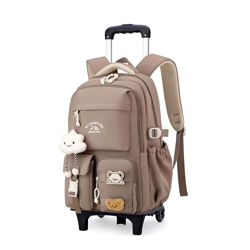 For Girls Boys, Elementary & Middle School Bags With Wheels, Boys Roller Backpack Kids Bookbag With 2 Wheels, Khaki