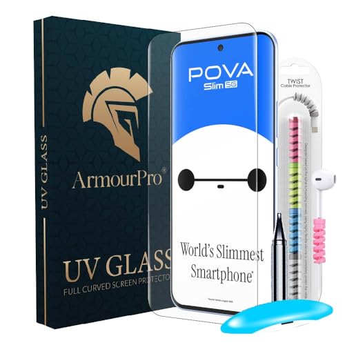 Image of ArmourPro Military Grade UV Tempered Glass Screen Protector for Tecno Pova Slim 5G with Edge To Edge Full Screen Coverage, Cable Protector & Installation kit (6.78 Inch)