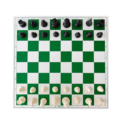 Image of Professional Tournament Chess Set 18 x 18 Inch Vinyl Foldable Chess Board | Weighted Plastic Pieces with 2 Extra Queens with Carry Bag | Travel Friendly Chess Game - Green