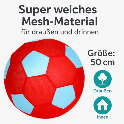 BURI XXL Meshball Riesenball 50cm groß | weicher Netzball Spielball aufblasbar | Stoffball Mesh Ball für Kinder, Erwachsene & Senioren | Sportball Gymnastikball Bewegungsball (Rot/Blau)