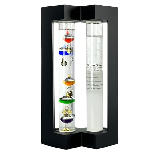 Lilys Home Desktop Weather Station with Galileo Thermometer and Fitzroy Storm Glass Weather Predictor 5 Multi-Colored Spheres Matt Black
