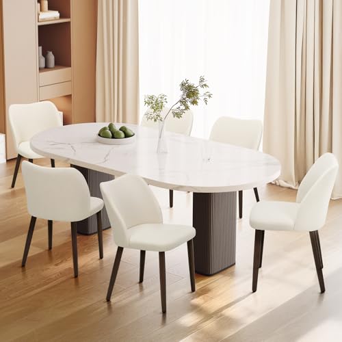 Image of Wooden Dining Chairs Set of 6, Upholstered Kitchen Dining Room Chair, Modern Fabric Farmhouse Dinner Chair for Restaurant & Cafe, Beige