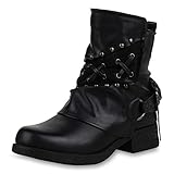  SCARPE VITA Damen Stiefeletten Biker Boots Nieten Leder-Optik Schuhe Prints Bikerstiefel Booties 169131 Schwarz Nieten Leicht Gefüttert 38