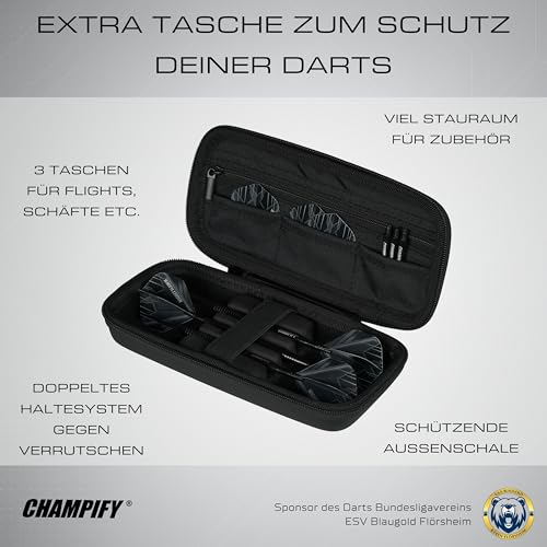 Champify® 90% Tungsten Darts Set “Nighthawk” mit 23g Barrel und schwarzer Darttasche | 3 Steeldarts mit 9 Alu-Schäften & 9 Flights| Dart Set mit Zubehör | Dartpfeile mit Metallspitze